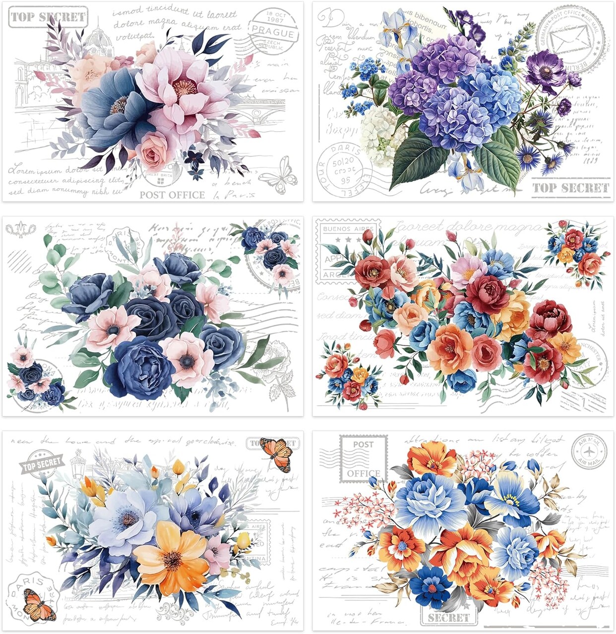 6 Pcs Large Vintage Flowers Rub on Transfers (Vintage) 12 inches x 8 inches